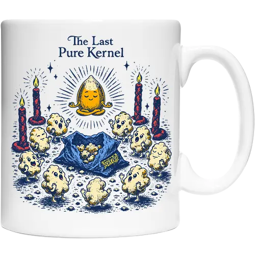 The Last Pure Kernel - corn kernel, cors, snacks, popcorn, food humor, absurd, funny food, cult, surreal, retro - Cup