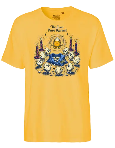 The Last Pure Kernel - corn kernel, cors, snacks, popcorn, food humor, absurd, funny food, cult, surreal, retro - Fairtrade T-Shirt