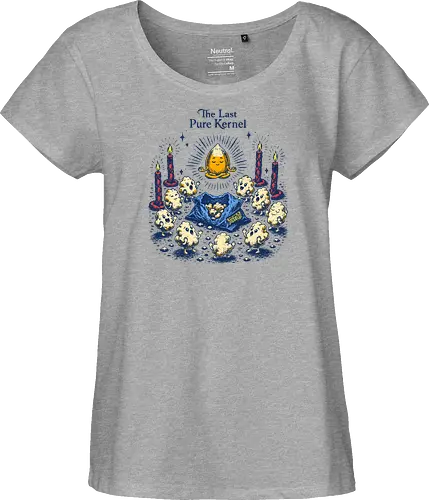 The Last Pure Kernel - corn kernel, cors, snacks, popcorn, food humor, absurd, funny food, cult, surreal, retro - Fairtrade Girl Shirt
