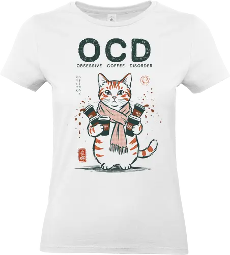 Obsessive Coffee Disorder - cat, coffee, funny, coffee lover, vintage, retro, japanese, caffeine, espresso, ocd, quote, humor, cute, mood, barista - Standard T-Shirt (Women)