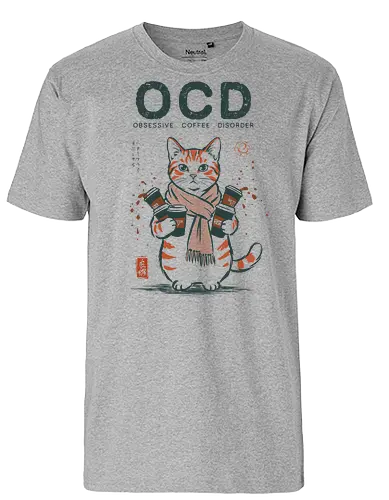 Obsessive Coffee Disorder - cat, coffee, funny, coffee lover, vintage, retro, japanese, caffeine, espresso, ocd, quote, humor, cute, mood, barista - Fairtrade T-Shirt