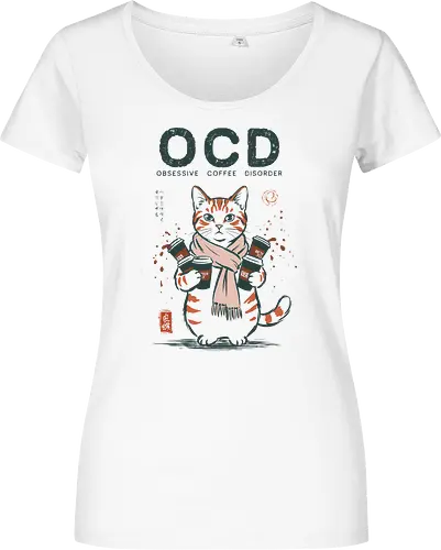 Obsessive Coffee Disorder - cat, coffee, funny, coffee lover, vintage, retro, japanese, caffeine, espresso, ocd, quote, humor, cute, mood, barista - Women T-Shirt