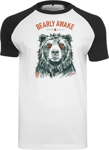 Bearly Awake - bear, funny, tired, sleep, vintage, retro, japanese, pun, morning, coffee, quote, humor, mood, exhausted, sleepy - Raglan T-Shirt