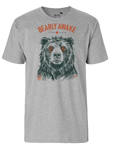 Bearly Awake - bear, funny, tired, sleep, vintage, retro, japanese, pun, morning, coffee, quote, humor, mood, exhausted, sleepy - Fairtrade T-Shirt