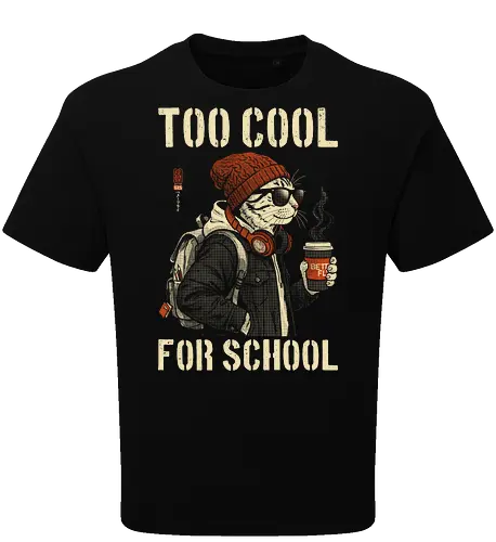 Too Cool For School - cat, humor, vintage, retro, hipster, funny quote, cool, coffee, funny cat, cat lover, back to school, first day at school, cool kids, streetwear, attitude - Oversize T-Shirt