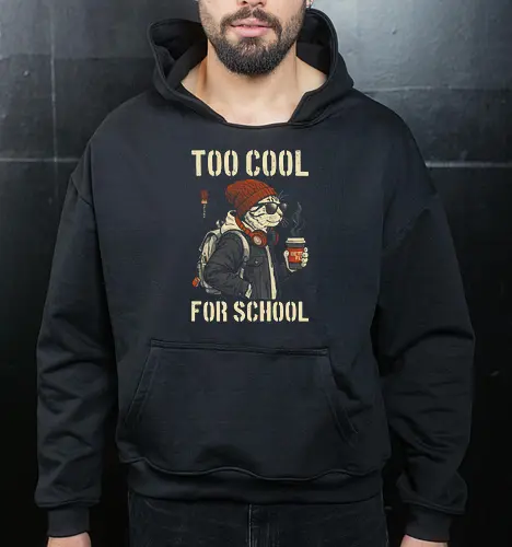 Too Cool For School - cat, humor, vintage, retro, hipster, funny quote, cool, coffee, funny cat, cat lover, back to school, first day at school, cool kids, streetwear, attitude - Cropped Hoodie