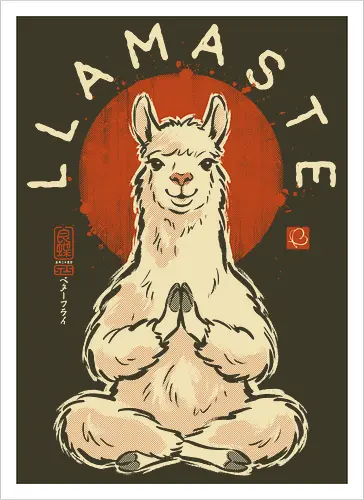 Llamaste - llama, yoga, llamaste, funny, vintage, retro, japanese, meditation, zen, namaste, pun, quote, humor, cute, alpaca - Artprint