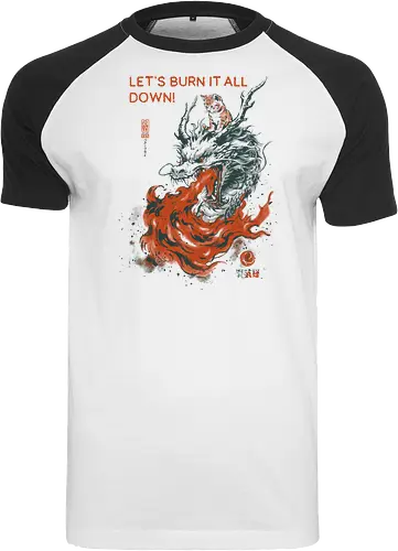 Let's Burn It All Down! - cat, dragon, funny, fire, vintage, retro, japanese, fantasy, chaos, quote, humor, cute, mood, sarcastic, burn - Raglan T-Shirt