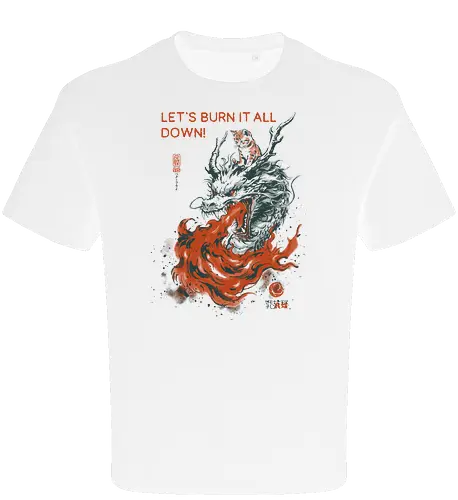 Let's Burn It All Down! - cat, dragon, funny, fire, vintage, retro, japanese, fantasy, chaos, quote, humor, cute, mood, sarcastic, burn - Oversize T-Shirt