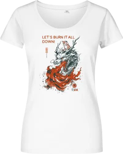 Let's Burn It All Down! - cat, dragon, funny, fire, vintage, retro, japanese, fantasy, chaos, quote, humor, cute, mood, sarcastic, burn - Women T-Shirt
