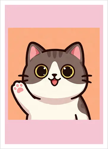 Cute waving cat - cute cat, waving cat, kitty, cat lover, kawaii, pet, animal, cute design - Artprint