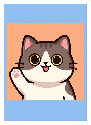 Cute waving cat - cute cat, waving cat, kitty, cat lover, kawaii, pet, animal, cute design - Artprint