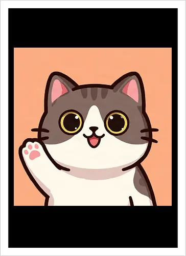 Cute waving cat - cute cat, waving cat, kitty, cat lover, kawaii, pet, animal, cute design - Artprint