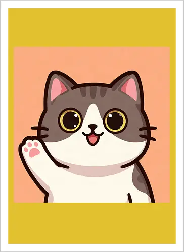 Cute waving cat - cute cat, waving cat, kitty, cat lover, kawaii, pet, animal, cute design - Artprint