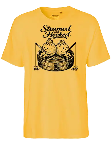 Steamed And Hooked - bao, xia long bao, dumpling, chinese food, comfort food, funny dumpling, dumplings, steamed dumpling, hooked - Fairtrade T-Shirt