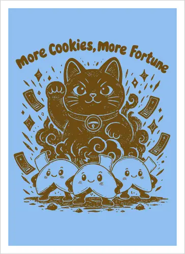 More Cookies More Fortune - cookies, cookie, fortune cookies, lucky symbol, fortune cookie, linocut, lucky, funny cookie, funny food, snacks, good luck - Artprint