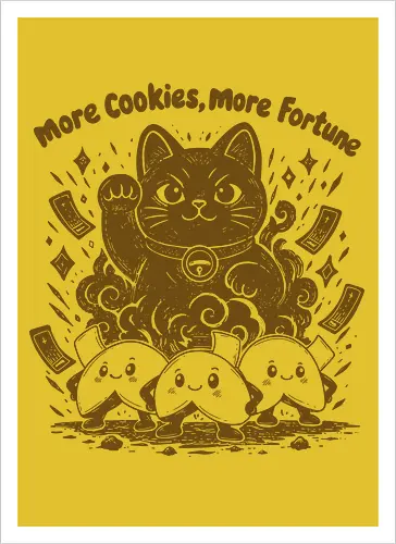 More Cookies More Fortune - cookies, cookie, fortune cookies, lucky symbol, fortune cookie, linocut, lucky, funny cookie, funny food, snacks, good luck - Artprint