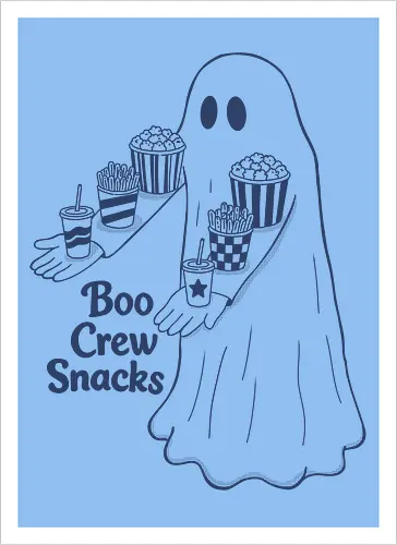 Boo Crew Snacks  - ghost, boo, movie snacks, popcorn, soda, french fries, boo crew snack, movie lover, horror movie, funny snacks, halloween, spooky season, halloween design - Artprint