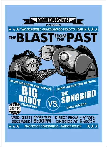 Retro Boxplakat - Unterwasser vs Himmel Roboter Wächter Duell - Retro Boxplakat Wächter, robotisches Sci-Fi Duell, Vintage Gamer Box Kunst, Retro 1940er Plakat Design, robotischer Wächter Druck, Gaming, Big Daddy, Songbird, BioShock Infinite, Rapture, Columbia, Sander Cohen, Fort Frolic, Ken Levine, 2K Game, exklusive Retro Gamer Kunst, Sci-Fi Gamer Shirt, Wächter Duell Design, Vintage Box Geek Druck, Sport Plakat Parodie Kunst, Premium Geek Gamer Shirt, mechanischer Wächter Druck, exklusives Retro Gamer Design, robotischer Wächter Kunst, Nerd Gamer Shirt - Artprint