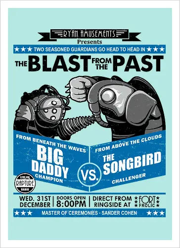 Retro Boxplakat - Unterwasser vs Himmel Roboter Wächter Duell - Retro Boxplakat Wächter, robotisches Sci-Fi Duell, Vintage Gamer Box Kunst, Retro 1940er Plakat Design, robotischer Wächter Druck, Gaming, Big Daddy, Songbird, BioShock Infinite, Rapture, Columbia, Sander Cohen, Fort Frolic, Ken Levine, 2K Game, exklusive Retro Gamer Kunst, Sci-Fi Gamer Shirt, Wächter Duell Design, Vintage Box Geek Druck, Sport Plakat Parodie Kunst, Premium Geek Gamer Shirt, mechanischer Wächter Druck, exklusives Retro Gamer Design, robotischer Wächter Kunst, Nerd Gamer Shirt - Artprint