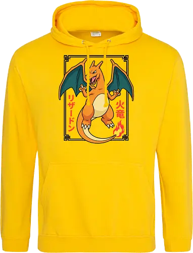 Flame Emperor: The Classic Fire Dragon - Charizard shirt, fire dragon graphic tee, retro 90s gaming apparel, anime pocket monster streetwear, nostalgic gamer clothing, Japanese text anime design, classic fire starter merch, vintage manga aesthetic, otaku streetwear fashion, gen 1 gaming shirt - Standard Hoodie