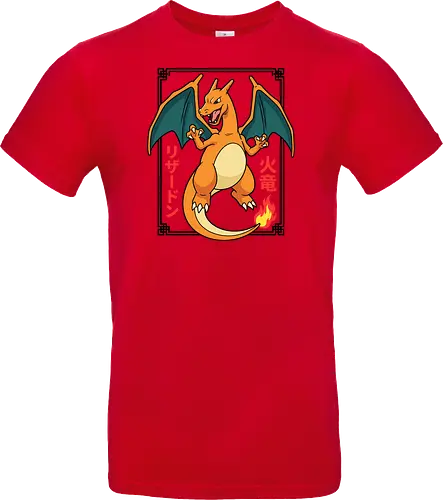 Flame Emperor: The Classic Fire Dragon - Charizard shirt, fire dragon graphic tee, retro 90s gaming apparel, anime pocket monster streetwear, nostalgic gamer clothing, Japanese text anime design, classic fire starter merch, vintage manga aesthetic, otaku streetwear fashion, gen 1 gaming shirt - Standard T-Shirt