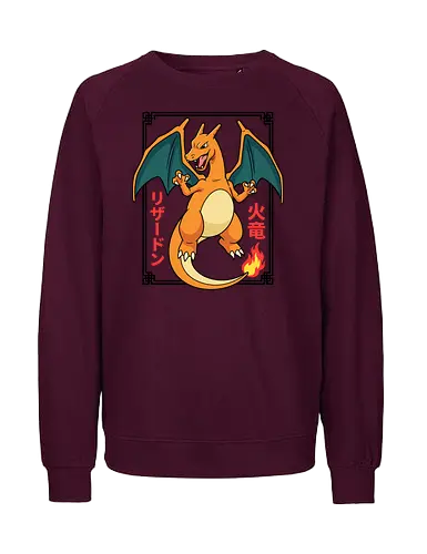 Flame Emperor: The Classic Fire Dragon - Charizard shirt, fire dragon graphic tee, retro 90s gaming apparel, anime pocket monster streetwear, nostalgic gamer clothing, Japanese text anime design, classic fire starter merch, vintage manga aesthetic, otaku streetwear fashion, gen 1 gaming shirt - Fairtrade Sweatshirt