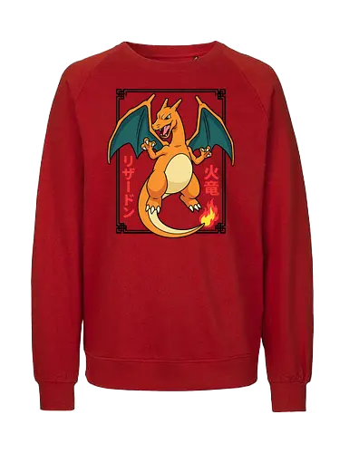 Flame Emperor: The Classic Fire Dragon - Charizard shirt, fire dragon graphic tee, retro 90s gaming apparel, anime pocket monster streetwear, nostalgic gamer clothing, Japanese text anime design, classic fire starter merch, vintage manga aesthetic, otaku streetwear fashion, gen 1 gaming shirt - Fairtrade Sweatshirt
