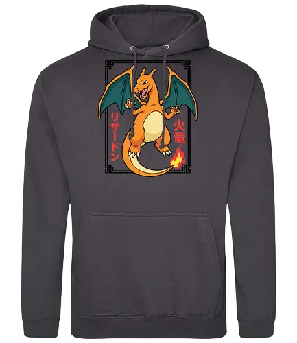 Flame Emperor: The Classic Fire Dragon - Charizard shirt, fire dragon graphic tee, retro 90s gaming apparel, anime pocket monster streetwear, nostalgic gamer clothing, Japanese text anime design, classic fire starter merch, vintage manga aesthetic, otaku streetwear fashion, gen 1 gaming shirt - Standard Hoodie