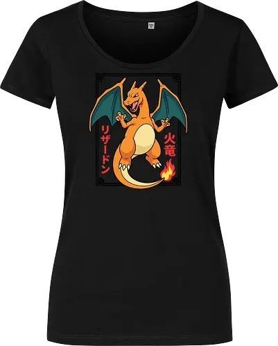 Flame Emperor: The Classic Fire Dragon - Charizard shirt, fire dragon graphic tee, retro 90s gaming apparel, anime pocket monster streetwear, nostalgic gamer clothing, Japanese text anime design, classic fire starter merch, vintage manga aesthetic, otaku streetwear fashion, gen 1 gaming shirt - Women T-Shirt