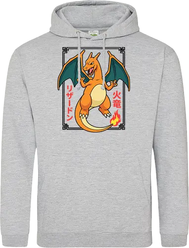 Flame Emperor: The Classic Fire Dragon - Charizard shirt, fire dragon graphic tee, retro 90s gaming apparel, anime pocket monster streetwear, nostalgic gamer clothing, Japanese text anime design, classic fire starter merch, vintage manga aesthetic, otaku streetwear fashion, gen 1 gaming shirt - Standard Hoodie