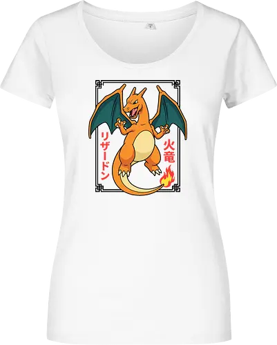 Flame Emperor: The Classic Fire Dragon - Charizard shirt, fire dragon graphic tee, retro 90s gaming apparel, anime pocket monster streetwear, nostalgic gamer clothing, Japanese text anime design, classic fire starter merch, vintage manga aesthetic, otaku streetwear fashion, gen 1 gaming shirt - Women T-Shirt