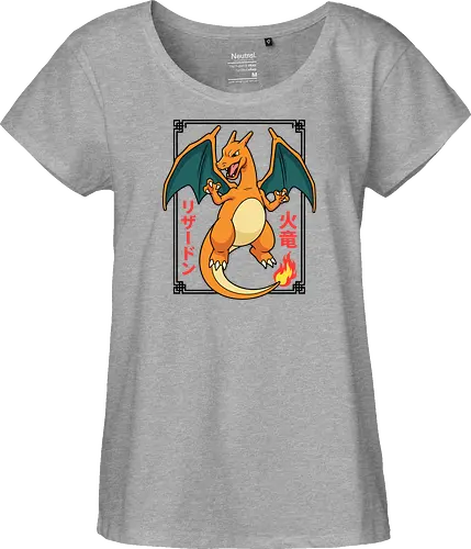 Flame Emperor: The Classic Fire Dragon - Charizard shirt, fire dragon graphic tee, retro 90s gaming apparel, anime pocket monster streetwear, nostalgic gamer clothing, Japanese text anime design, classic fire starter merch, vintage manga aesthetic, otaku streetwear fashion, gen 1 gaming shirt - Fairtrade Girl Shirt