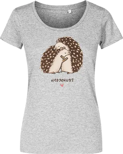 Zwei Braune Igel Umarmen Sich Wortspiel Rosa Herz - beige braune Igel Stacheln, zarte Tier Kunst, Igel umarmen sich süß, tierisches Wortspiel, zwei braune Igel, gemütliche Tier Kunst, Buntstift Igel Illustration, großer kleiner Igel Umarmung, rosa Herz Tier, Tier Liebe Druck, Igel Liebhaber Geschenk, Tier Wortspiel Shirt, handgefertigte Igel Kunst, warme Tier Umarmung, süße braune Typografie - Women T-Shirt