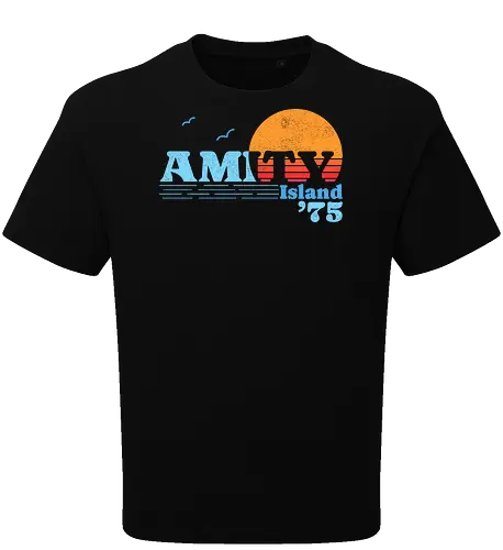 Amity Summer 75 - vacation, amity island, 1975, beach, geek, great white shark, horror, movies, nostalgia, retro, sea, shark, shark attack, shark week, vintage - Oversize T-Shirt