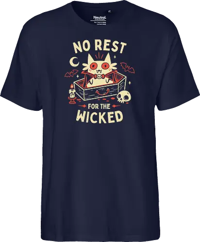 No Rest For The Wicked - Vampire Cat - vampire cat, batcat, dracula, spooky, halloween, coffin, no sleep, wicked, horror, bats, creepy cute, gothic, white cat, oktober - Fairtrade T-Shirt