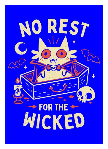 No Rest For The Wicked - Vampire Cat - vampire cat, batcat, dracula, spooky, halloween, coffin, no sleep, wicked, horror, bats, creepy cute, gothic, white cat, oktober - Artprint