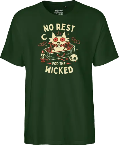 No Rest For The Wicked - Vampire Cat - vampire cat, batcat, dracula, spooky, halloween, coffin, no sleep, wicked, horror, bats, creepy cute, gothic, white cat, oktober - Fairtrade T-Shirt