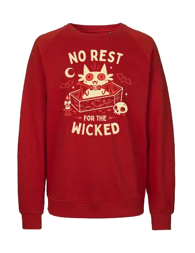 No Rest For The Wicked - Vampire Cat - vampire cat, batcat, dracula, spooky, halloween, coffin, no sleep, wicked, horror, bats, creepy cute, gothic, white cat, oktober - Fairtrade Sweatshirt