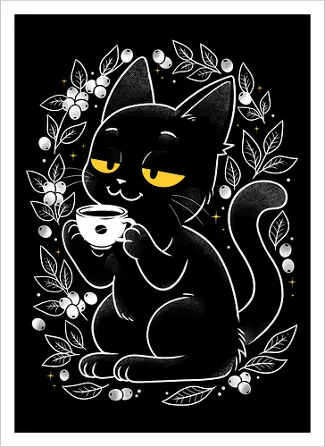 Purrfect Coffee - coffee, cat, cats, blackcat, feline, kitty, coffeeart, cafe, cute, vintage, retro, botanical, berries, nature, cozy, kawaii, minimalist, funny, pet, animal - Artprint