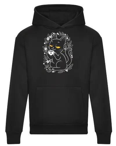 Purrfect Coffee - coffee, cat, cats, blackcat, feline, kitty, coffeeart, cafe, cute, vintage, retro, botanical, berries, nature, cozy, kawaii, minimalist, funny, pet, animal - Heavyweight Hoodie