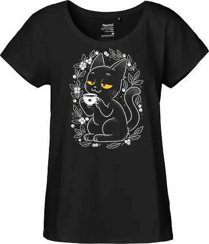 Purrfect Coffee - coffee, cat, cats, blackcat, feline, kitty, coffeeart, cafe, cute, vintage, retro, botanical, berries, nature, cozy, kawaii, minimalist, funny, pet, animal - Fairtrade Girl Shirt