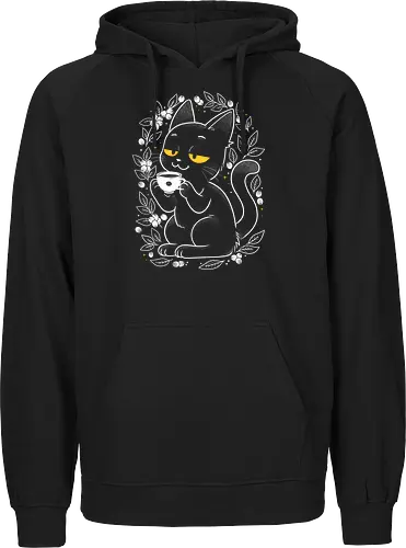 Purrfect Coffee - coffee, cat, cats, blackcat, feline, kitty, coffeeart, cafe, cute, vintage, retro, botanical, berries, nature, cozy, kawaii, minimalist, funny, pet, animal - Fairtrade Hoodie