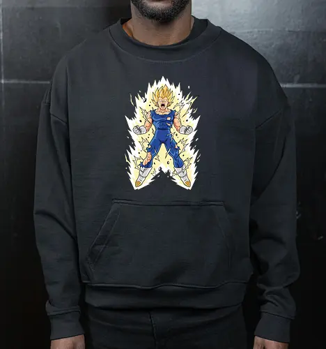 Prince's Pride: The Golden Awakening - battle damage anime design, yellow aura graphic, Vegeta shirt, Super Saiyan graphic tee, DBZ prince apparel, anime power up streetwear, shonen manga clothing, retro 90s anime fashion, otaku workout tee, nostalgic anime merch - Cropped Sweatshirt