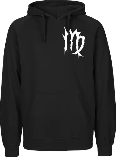 Virgo Heavy Metal Symbol - fractured lines, minimalist gothic art, esoteric fashion, virgo, virgo maiden, maiden glyph, doom metal style, industrial aesthetic, grunge clothing, analytical mind, august birthday, september birthday, virgo merch gift, monochrome streetwear, dark earth sign, punk rock gear - Fairtrade Hoodie