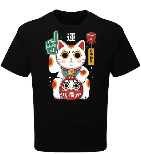 Lucky Mascot - colorful, cartoon, japanese, japan, lucky, mascot, maneki, neko, cat, daruma, fortune, luck, kawaii, asian, culture, traditional, cute, japaneseculture, catlover, goodluck, prosperity, amulet, oriental, popculture, gift - Oversize T-Shirt
