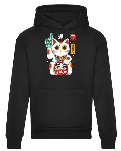Lucky Mascot - colorful, cartoon, japanese, japan, lucky, mascot, maneki, neko, cat, daruma, fortune, luck, kawaii, asian, culture, traditional, cute, japaneseculture, catlover, goodluck, prosperity, amulet, oriental, popculture, gift - Heavyweight Hoodie