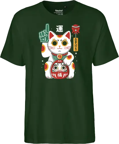 Lucky Mascot - colorful, cartoon, japanese, japan, lucky, mascot, maneki, neko, cat, daruma, fortune, luck, kawaii, asian, culture, traditional, cute, japaneseculture, catlover, goodluck, prosperity, amulet, oriental, popculture, gift - Fairtrade T-Shirt