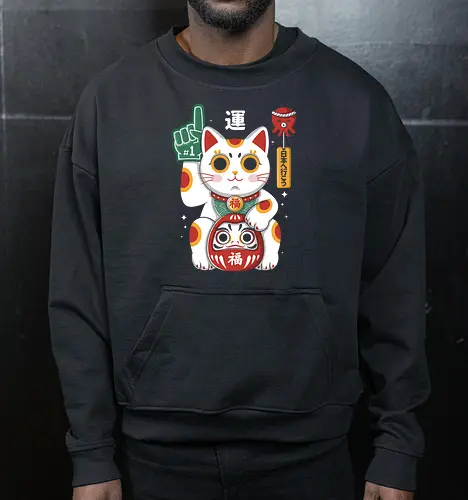 Lucky Mascot - colorful, cartoon, japanese, japan, lucky, mascot, maneki, neko, cat, daruma, fortune, luck, kawaii, asian, culture, traditional, cute, japaneseculture, catlover, goodluck, prosperity, amulet, oriental, popculture, gift - Cropped Sweatshirt