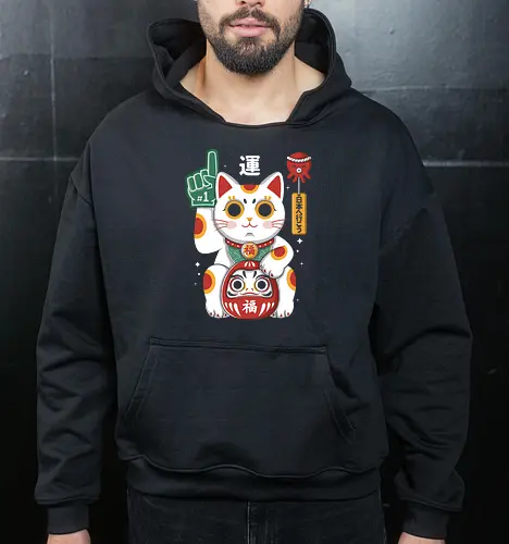 Lucky Mascot - colorful, cartoon, japanese, japan, lucky, mascot, maneki, neko, cat, daruma, fortune, luck, kawaii, asian, culture, traditional, cute, japaneseculture, catlover, goodluck, prosperity, amulet, oriental, popculture, gift - Cropped Hoodie